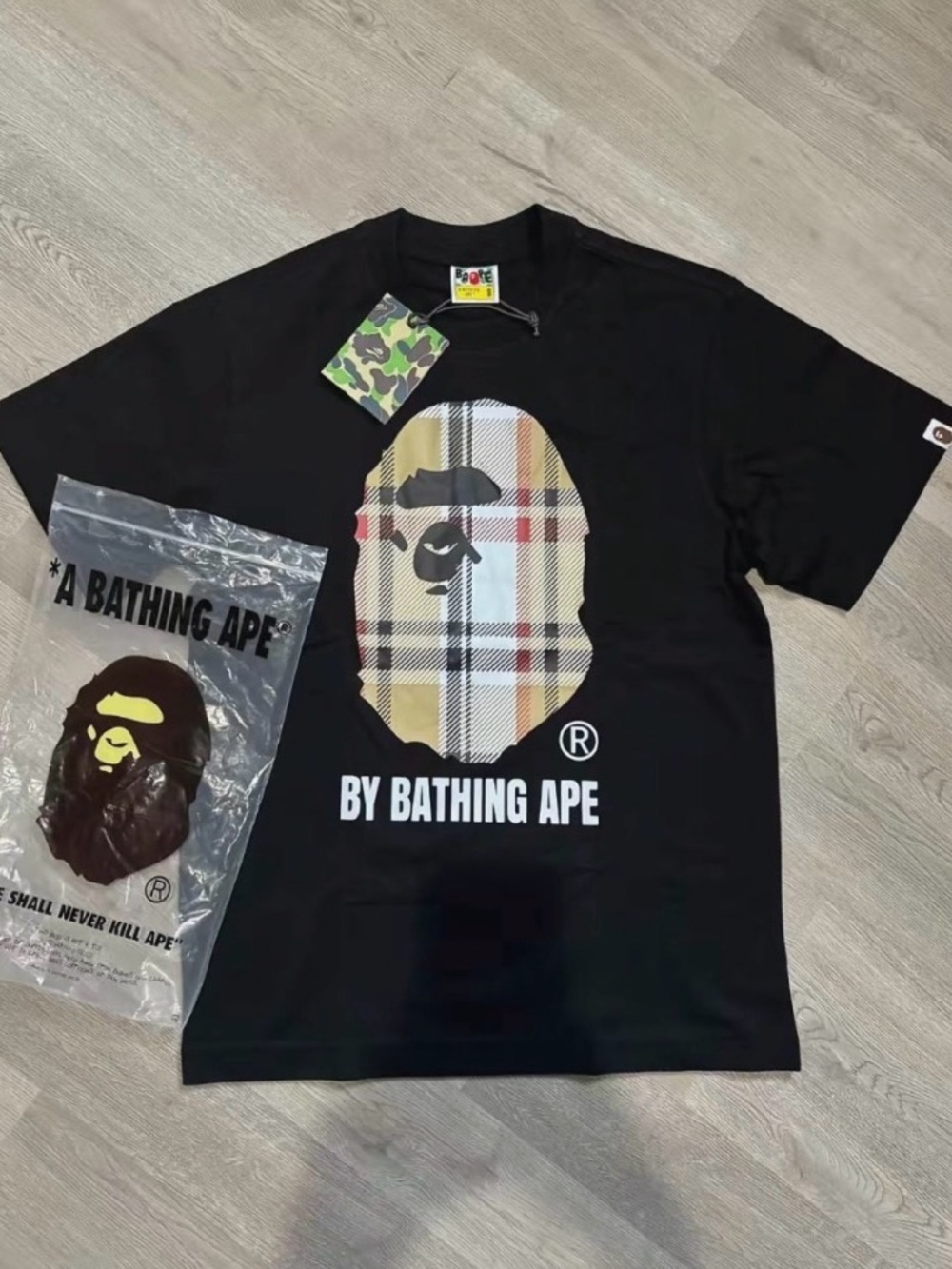 A Bathing Ape Black Plaid Ape Head Logo Tee